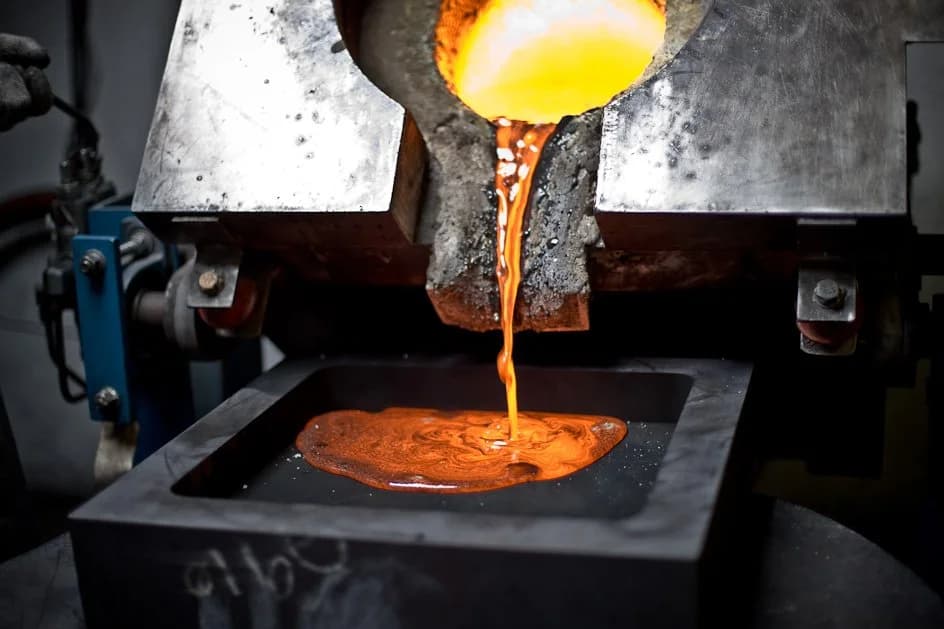 Molten precious metal pouring from a crucible into a mold